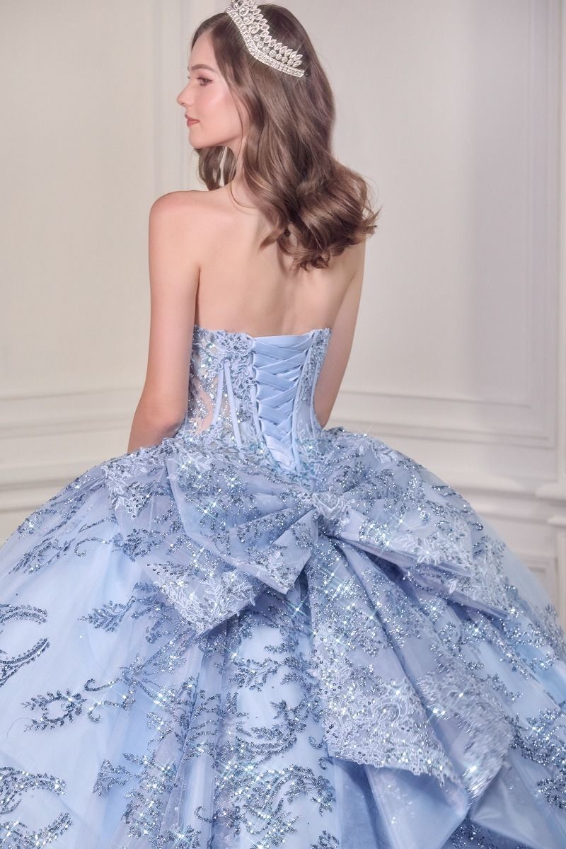 Strapless Sequins Embellished Quinceanera Gown w/ Layered Skirt & Corset Bodice CD15732
