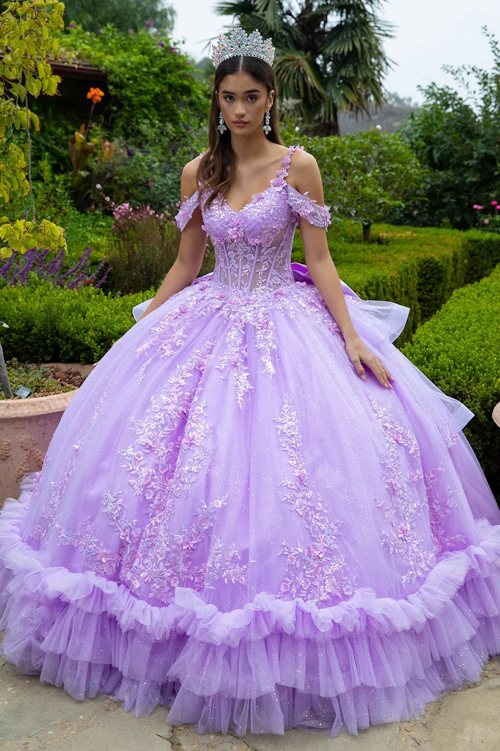 3d flower applique embellished cold shoulder layered back tiered ruffle hem w detachable back bow GLGL3520