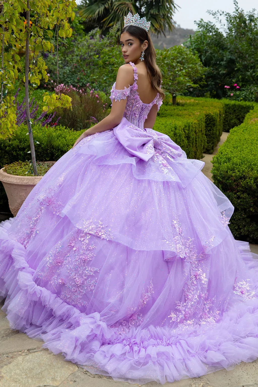 3d flower applique embellished cold shoulder layered back tiered ruffle hem w detachable back bow GLGL3520