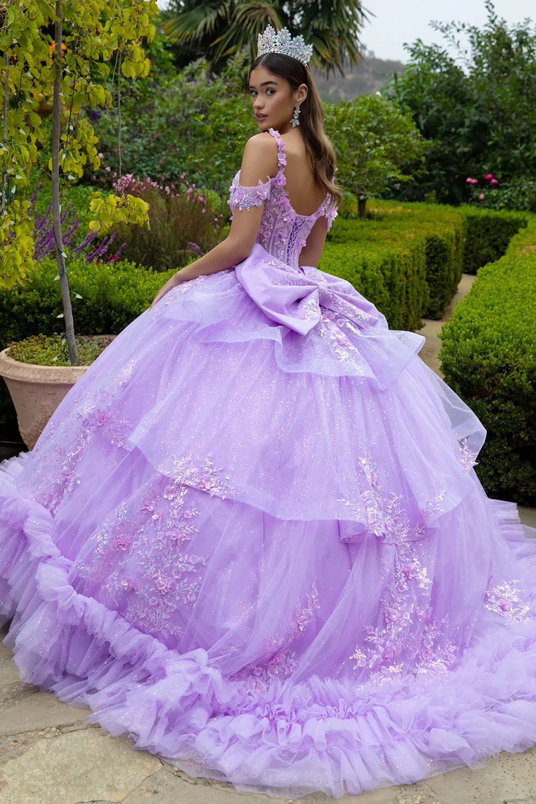 3d flower applique embellished cold shoulder layered back tiered ruffle hem w detachable back bow GLGL3520