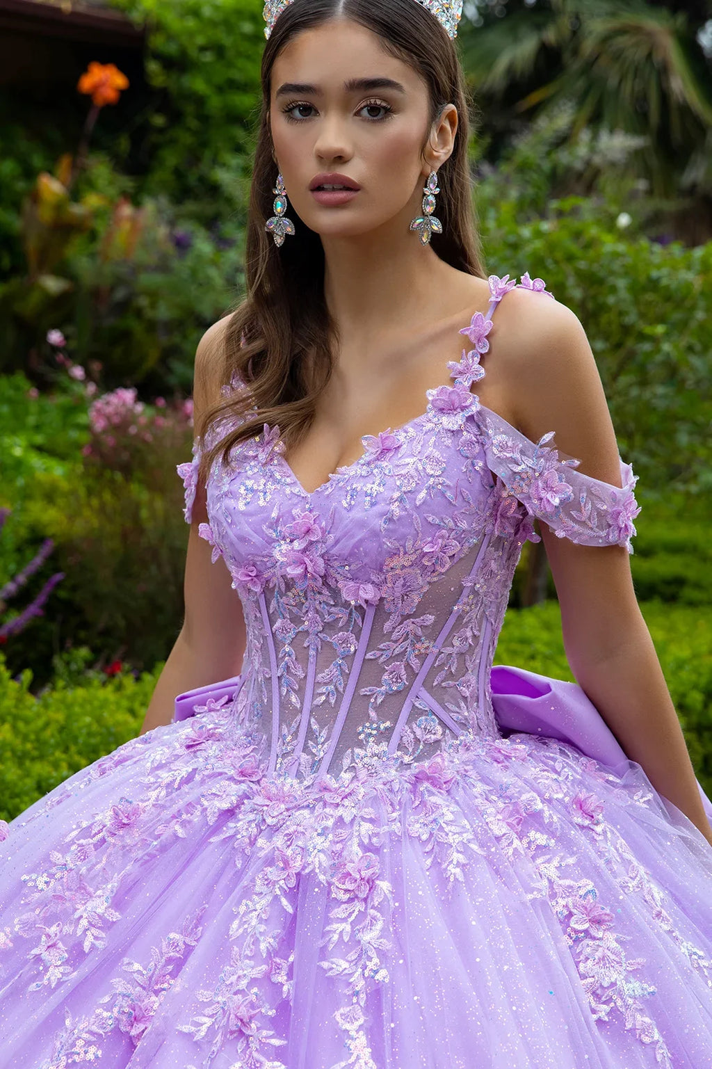 3d flower applique embellished cold shoulder layered back tiered ruffle hem w detachable back bow GLGL3520