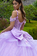 3d flower applique embellished cold shoulder layered back tiered ruffle hem w detachable back bow GLGL3520