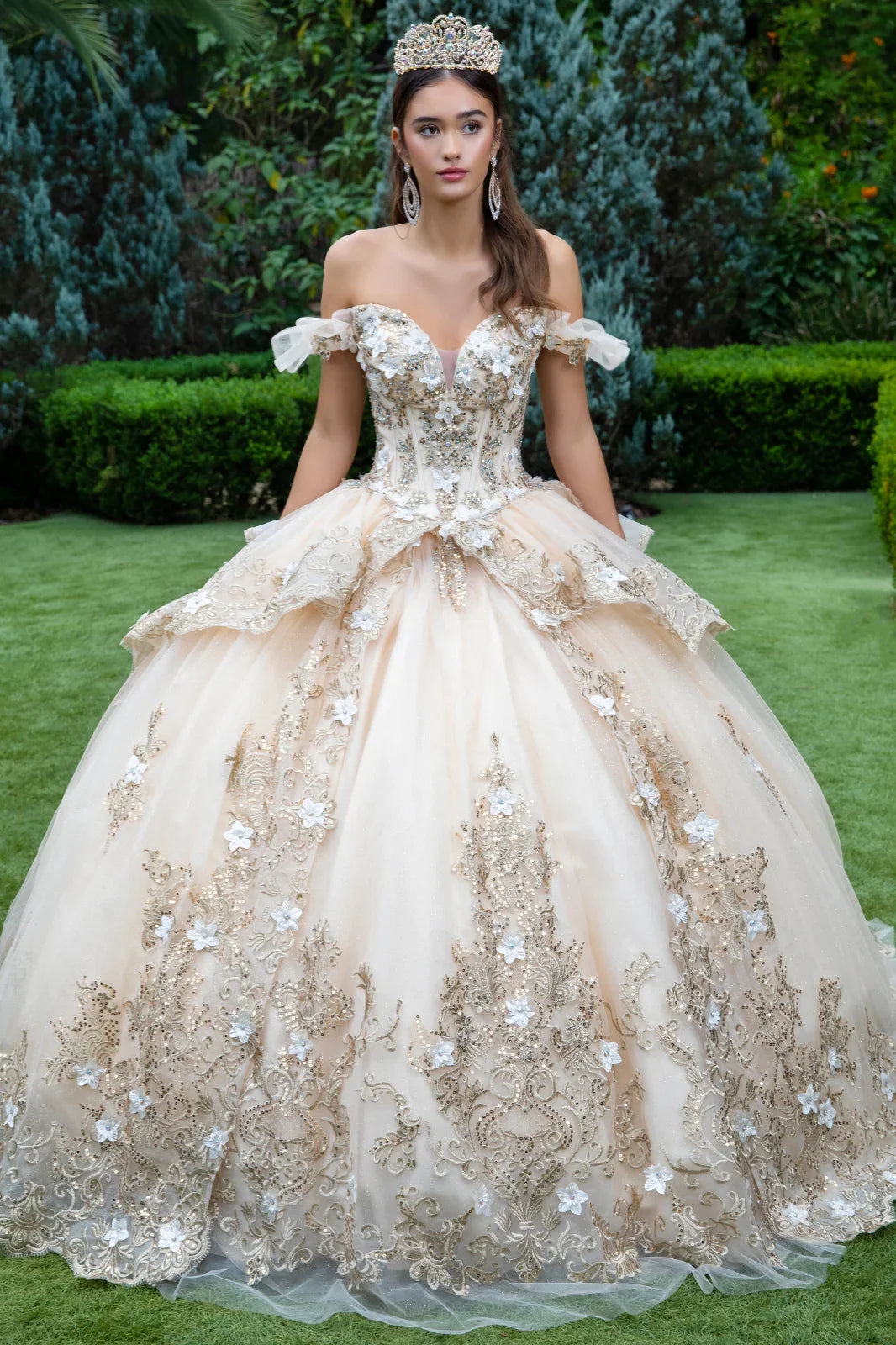 3d flower accented metallic embroidery glitter mesh quinceanera dress GLGL3528