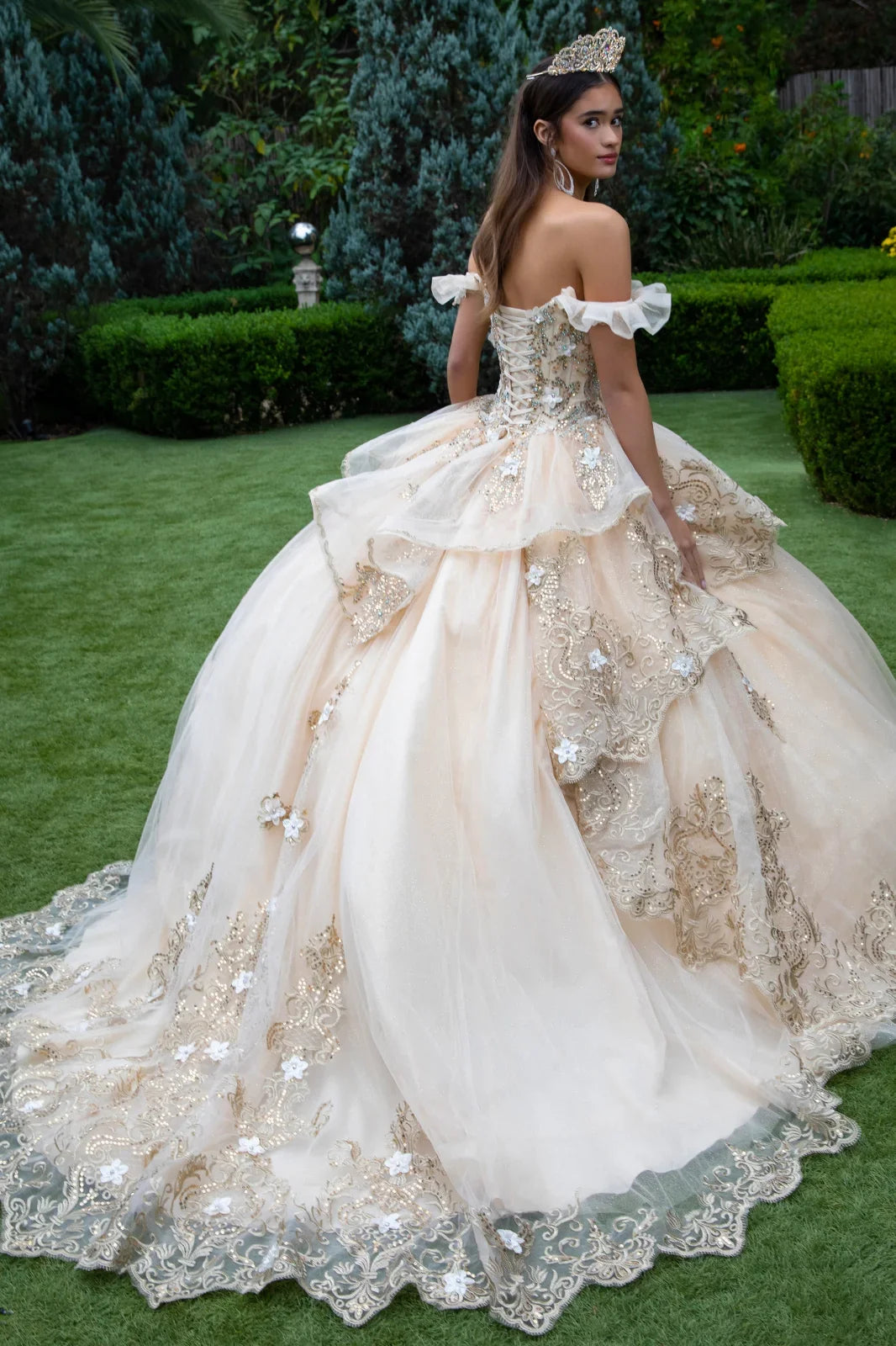 3d flower accented metallic embroidery glitter mesh quinceanera dress GLGL3528
