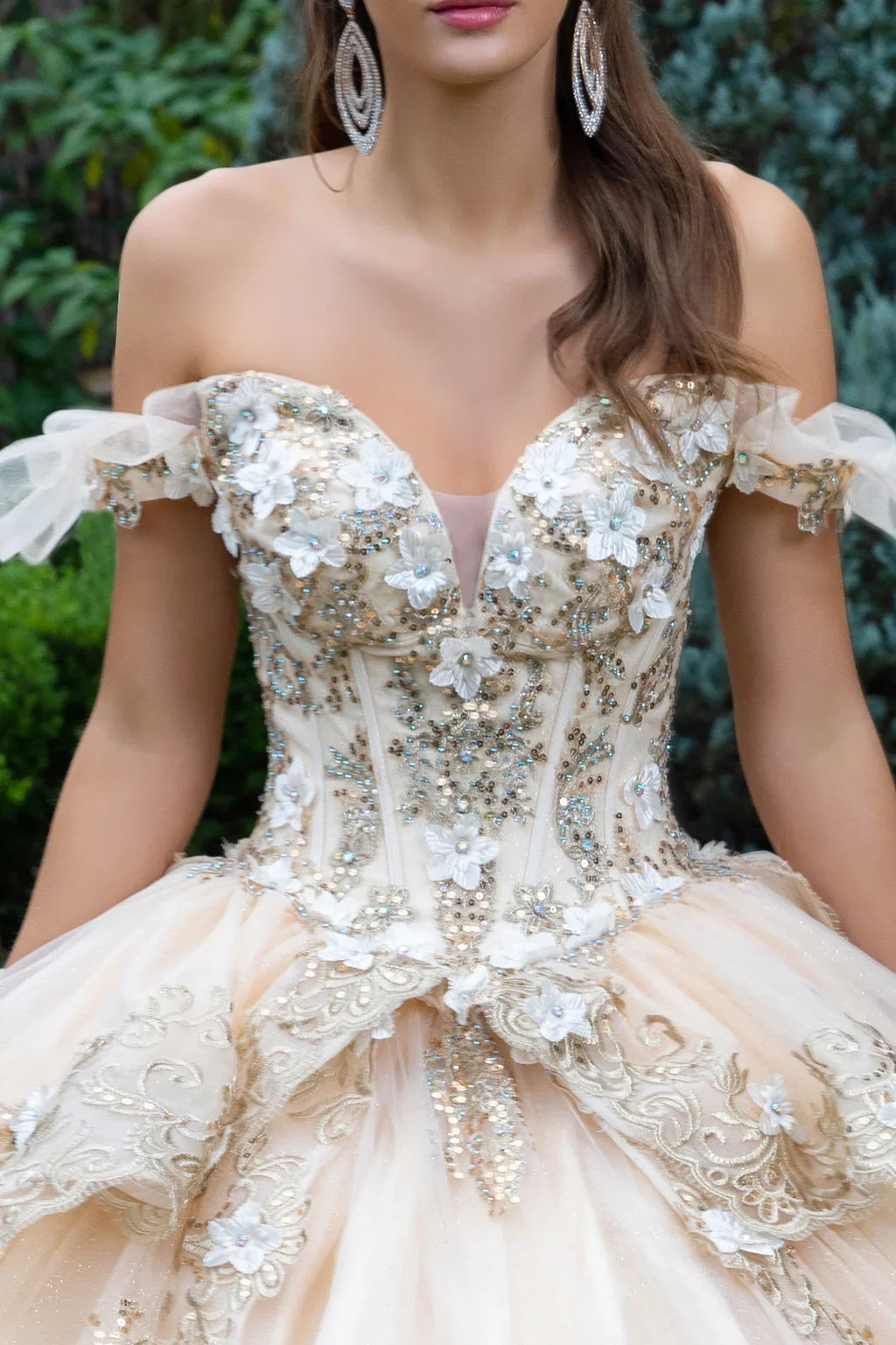 3d flower accented metallic embroidery glitter mesh quinceanera dress GLGL3528