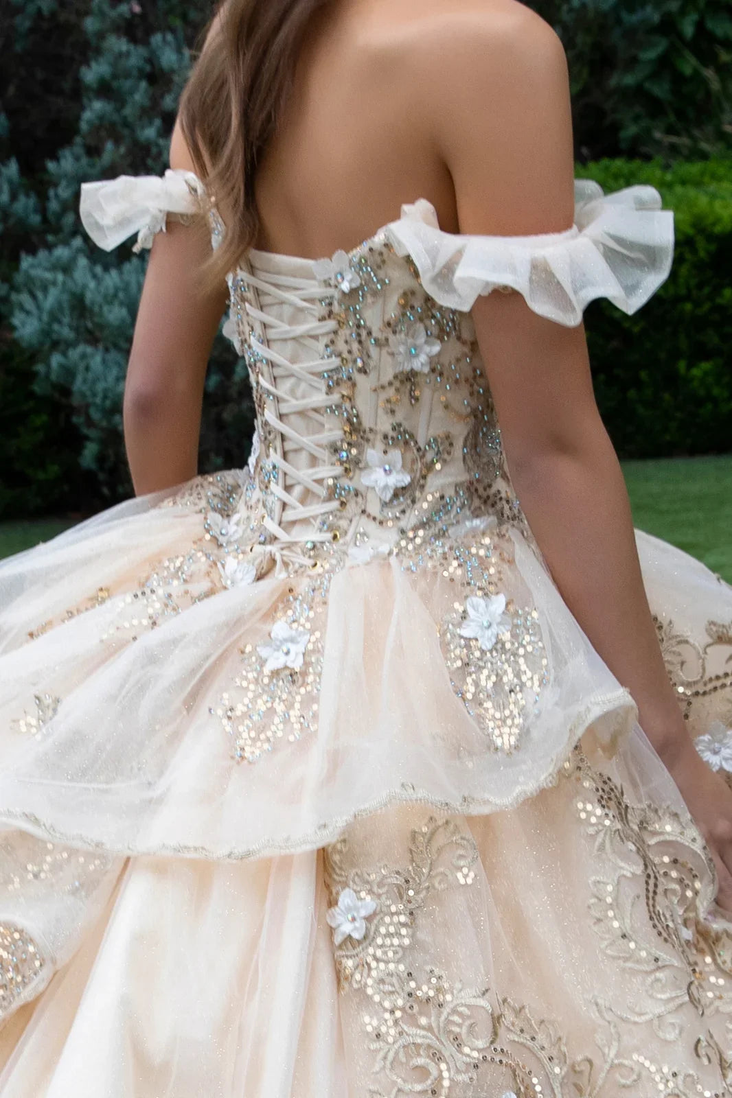 3d flower accented metallic embroidery glitter mesh quinceanera dress GLGL3528
