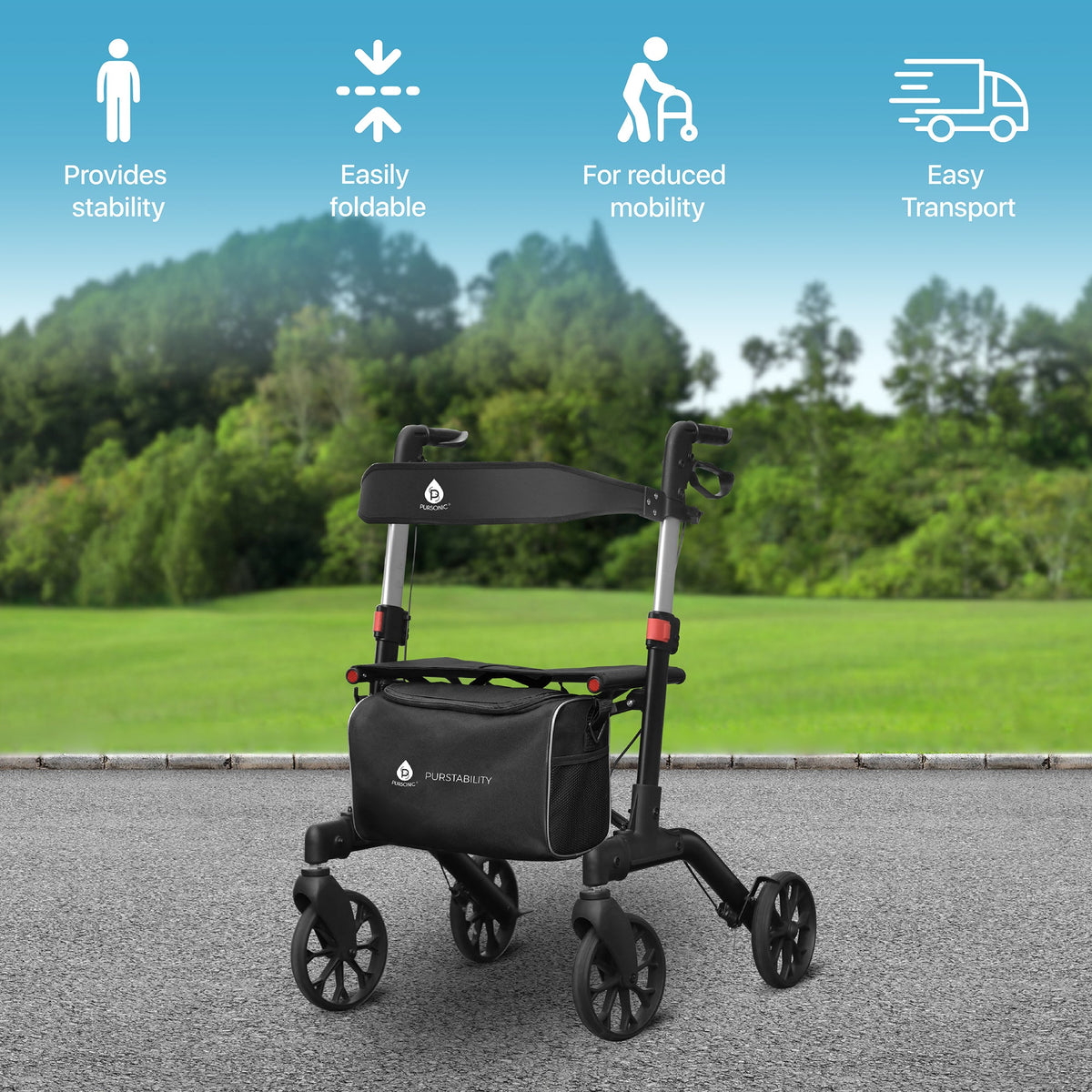 Foldable Wheeled Walker with Backrest and Bag - Adjustable Height, Lightweight, and Sturdy Design for Enhanced Mobility Support