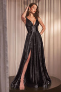 Glimmering Stretch Satin A-Line Celebration Gown w/ Deep V-Neck & Zipper Back CD CC2349