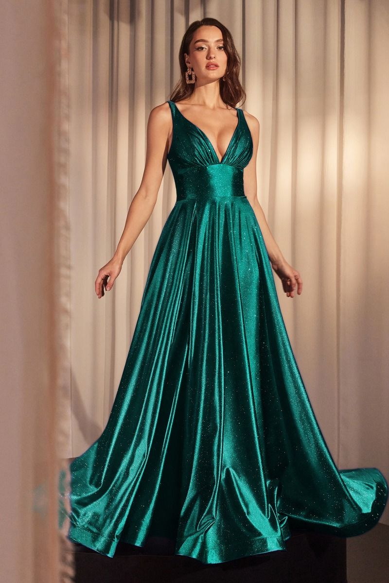 Glimmering Stretch Satin A-Line Celebration Gown w/ Deep V-Neck & Zipper Back CD CC2349