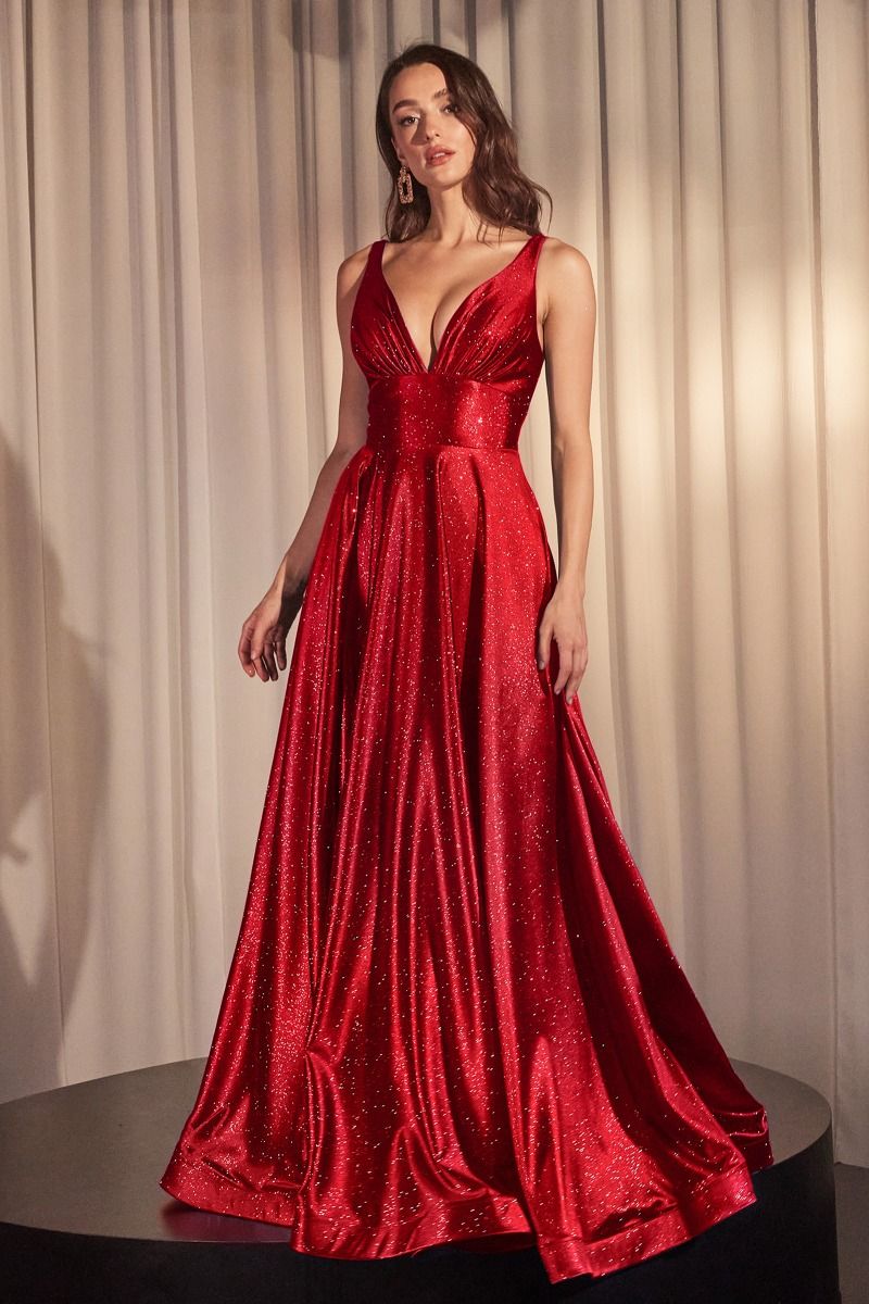 Glimmering Stretch Satin A-Line Celebration Gown w/ Deep V-Neck & Zipper Back CD CC2349