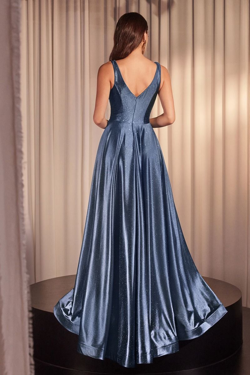 Glimmering Stretch Satin A-Line Celebration Gown w/ Deep V-Neck & Zipper Back CD CC2349