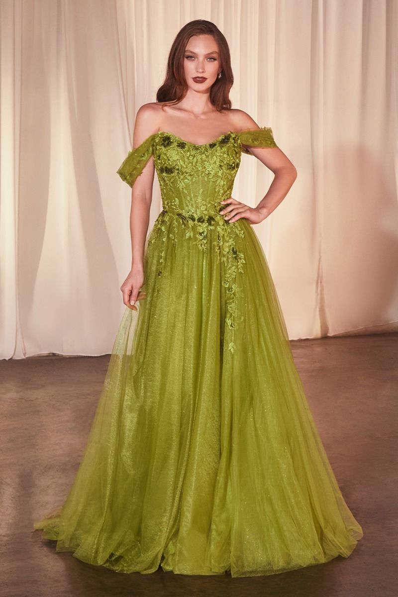 Olive Green Off-Shoulder Tulle Evening Gown with Floral Embroidery – Romantic A-Line Formal Dress