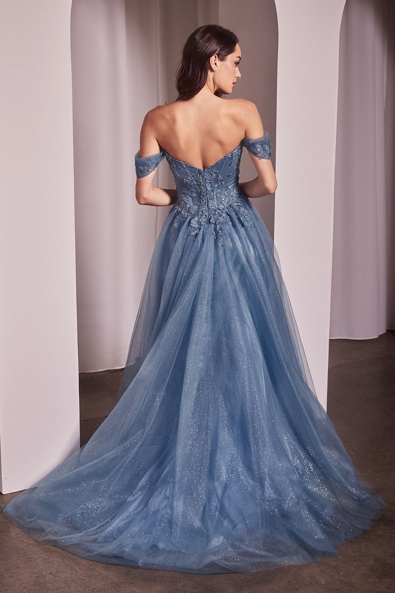 Olive Green Off-Shoulder Tulle Evening Gown with Floral Embroidery – Romantic A-Line Formal Dress