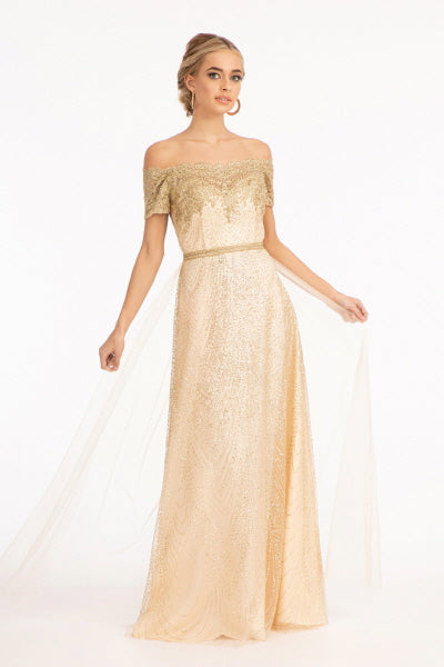 Glitter Print Mesh Cut-Away Shoulder A-Line Long Mother Of The Bride Dress GLGL2942