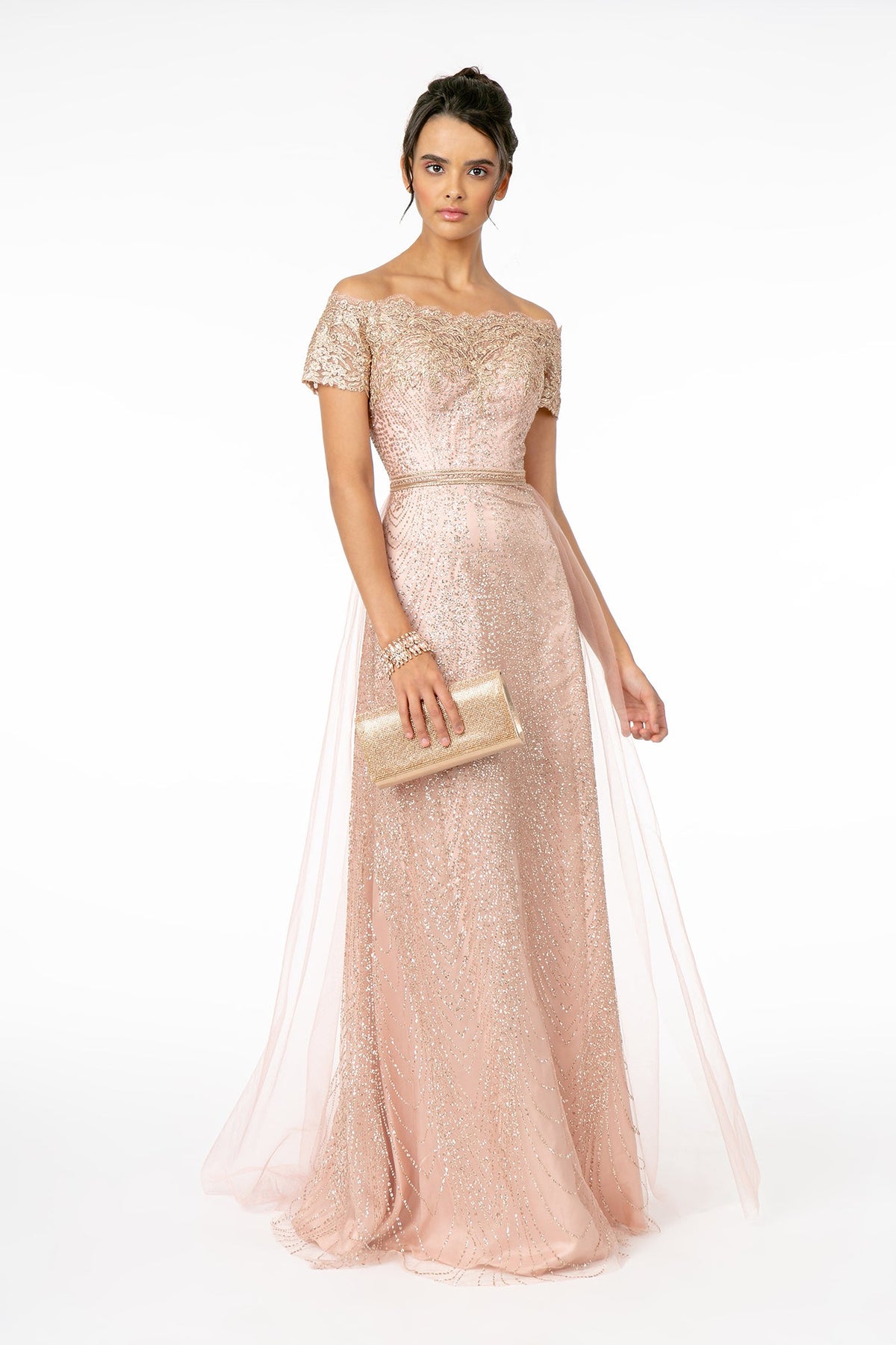 Glitter Print Mesh Cut-Away Shoulder A-Line Long Mother Of The Bride Dress GLGL2942