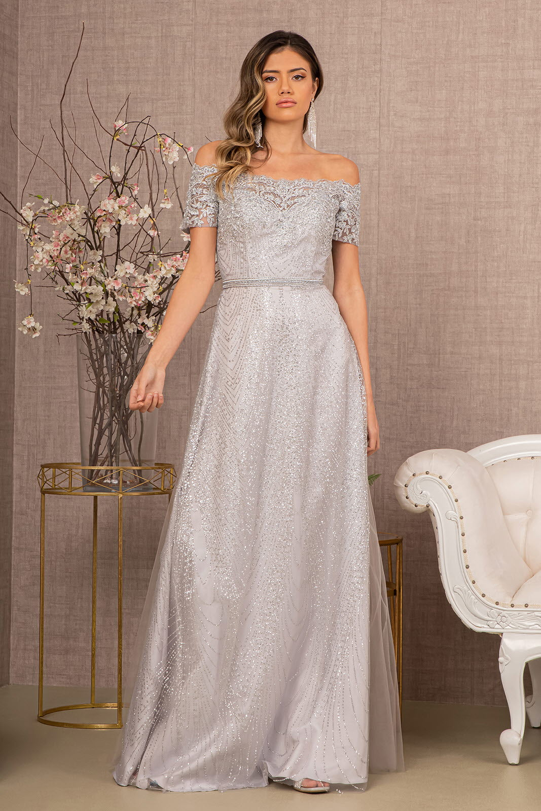 Glitter Print Mesh Cut-Away Shoulder A-Line Long Mother Of The Bride Dress GLGL2942