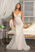 3d floral applique v neck spaghetti strap mesh prom dress GLGL3000