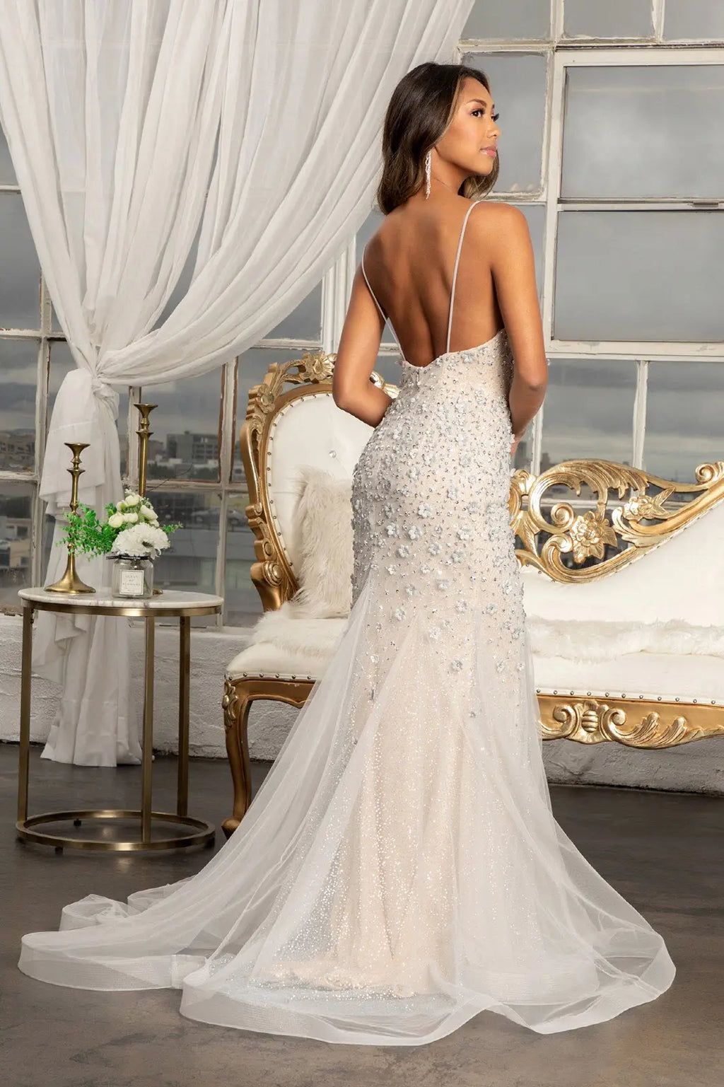 3d floral applique v neck spaghetti strap mesh prom dress GLGL3000