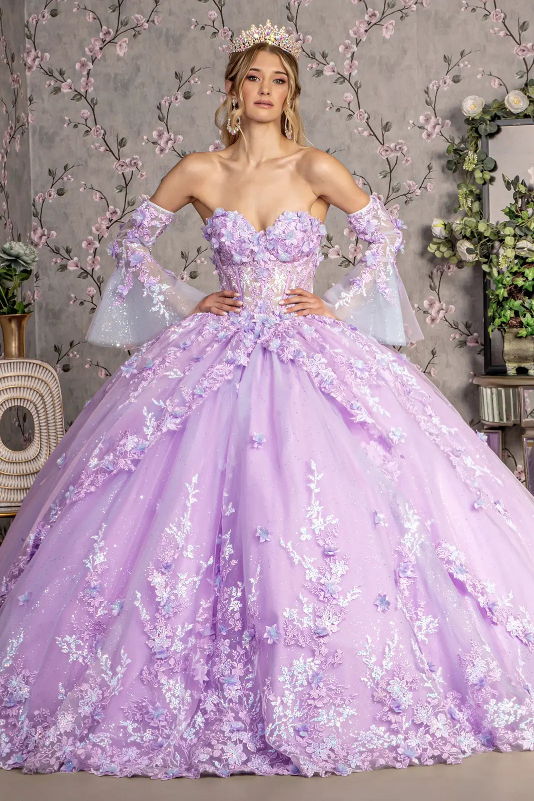 Jewel Sheer Bodice Mesh Ball Gown w/ Long Trumpet Sleeves GLGL3470