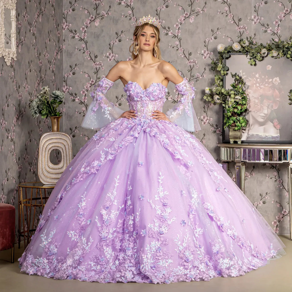 Jewel Sheer Bodice Mesh Ball Gown w/ Long Trumpet Sleeves GLGL3470