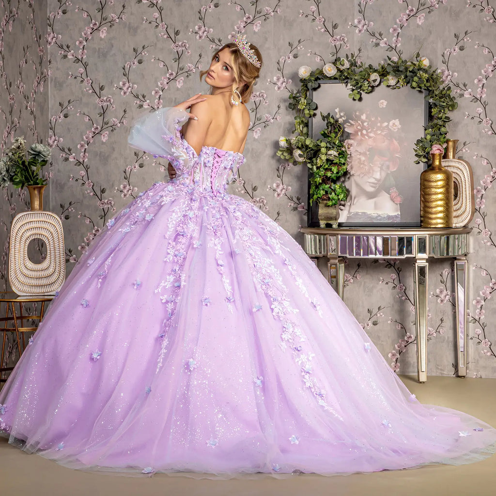 Jewel Sheer Bodice Mesh Ball Gown w/ Long Trumpet Sleeves GLGL3470