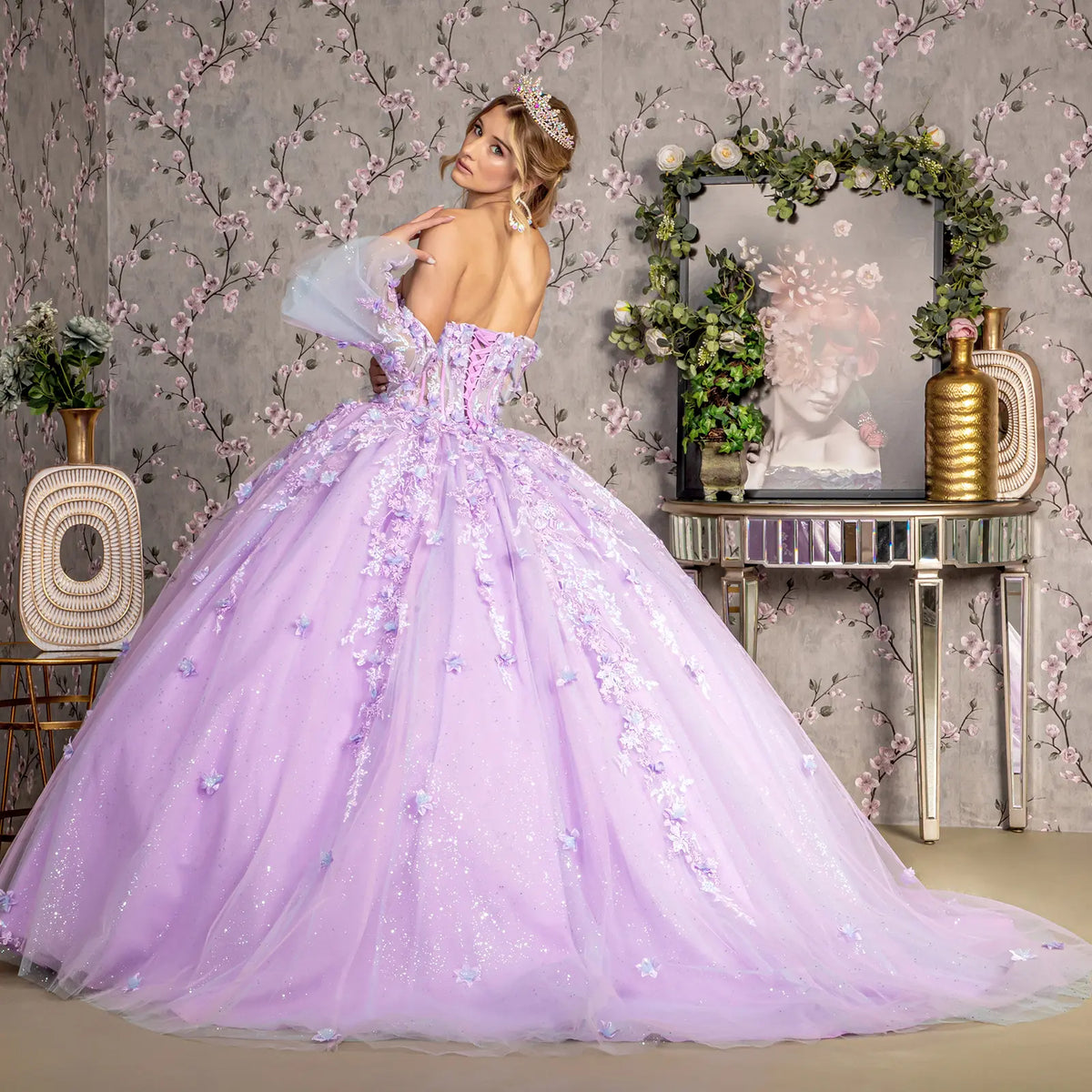 Jewel Sheer Bodice Mesh Ball Gown w/ Long Trumpet Sleeves GLGL3470