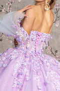 Jewel Sheer Bodice Mesh Ball Gown w/ Long Trumpet Sleeves GLGL3470
