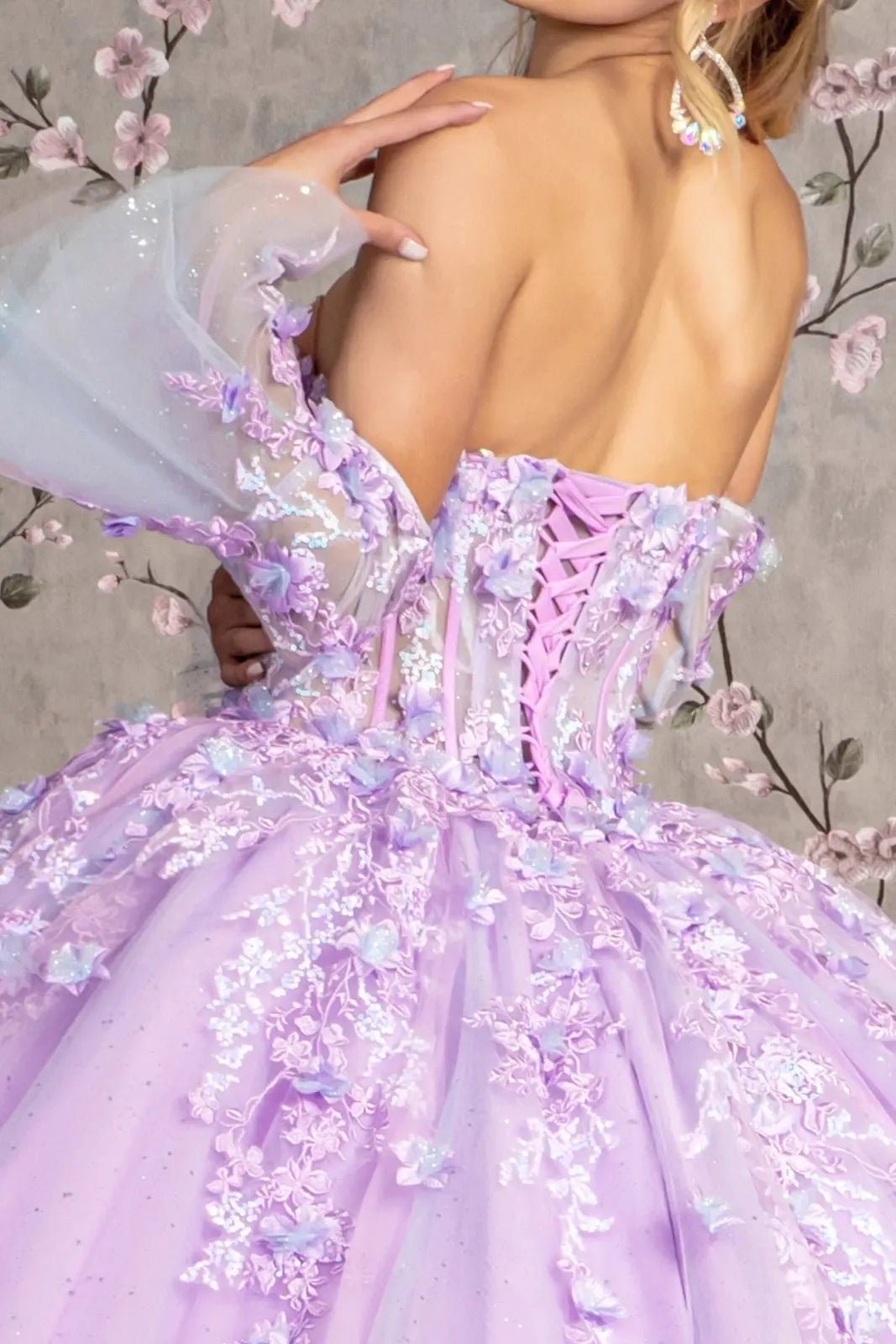 Jewel Sheer Bodice Mesh Ball Gown w/ Long Trumpet Sleeves GLGL3470