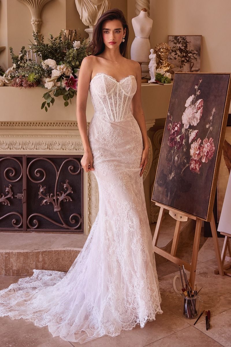 Floral Lace Embellished Off White Mermaid Wedding Gown w/ Corset Bodice & Voluminous Overskirt CDWL044