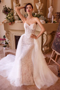 Floral Lace Embellished Off White Mermaid Wedding Gown w/ Corset Bodice & Voluminous Overskirt CDWL044