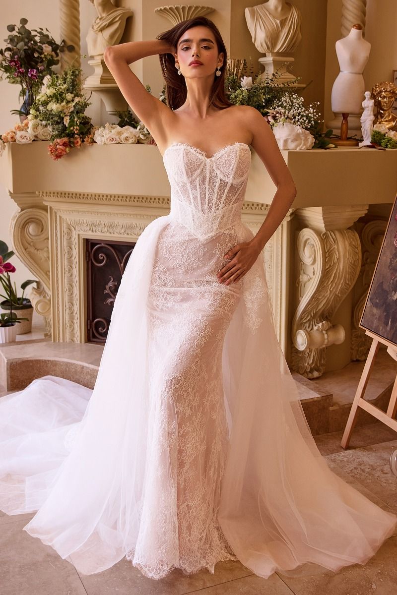Floral Lace Embellished Off White Mermaid Wedding Gown w/ Corset Bodice & Voluminous Overskirt CDWL044