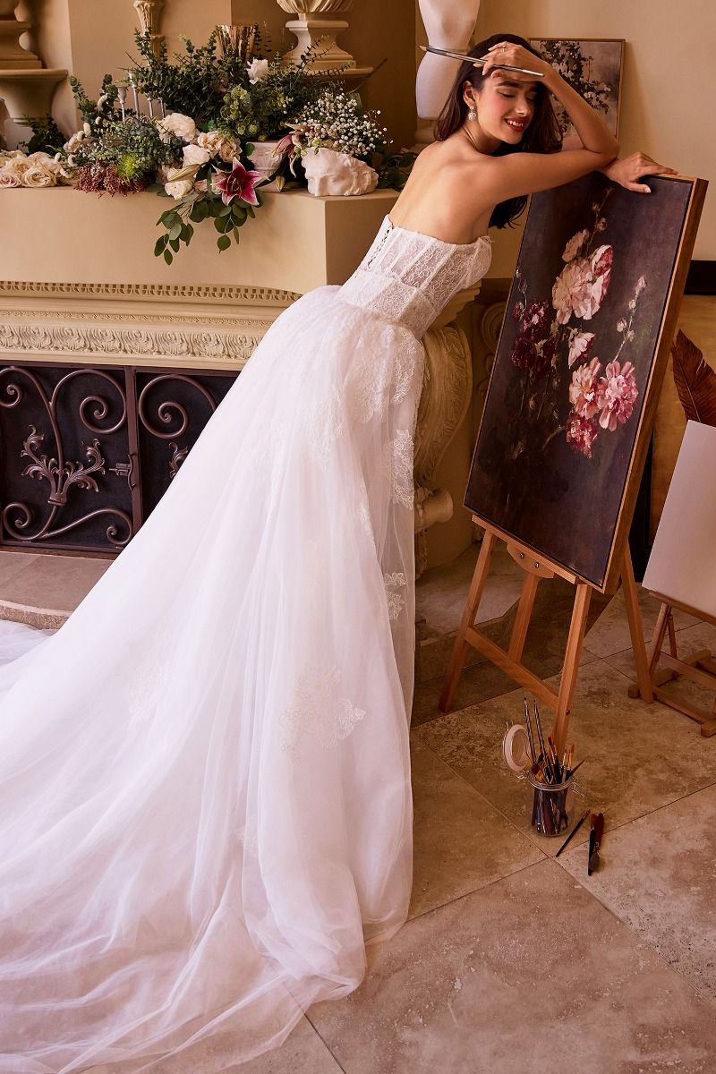 Floral Lace Embellished Off White Mermaid Wedding Gown w/ Corset Bodice & Voluminous Overskirt CDWL044
